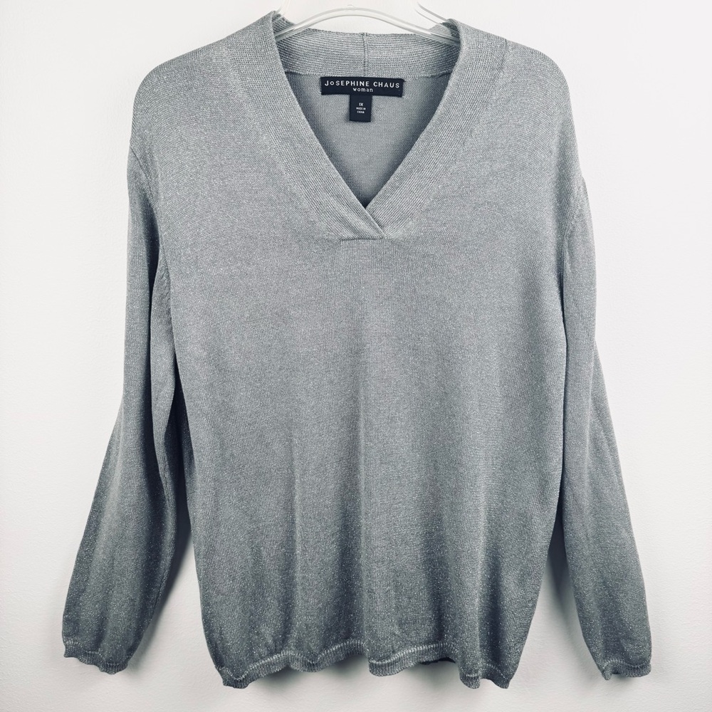 Josephine Chaus Silver Metallic Silk Vee-Neck Sweater Size IX